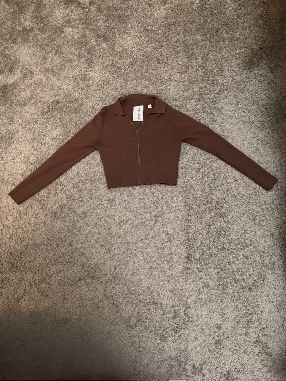 ASOS COLLUSION Espresso Brown Ribbed Zip Up Crop Top - Picture 2 of 8